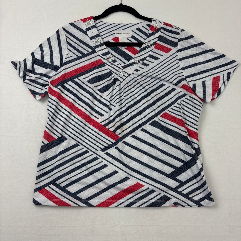 Alfred Dunner Womens Large Red White Blue Striped Embellished V-Neck Blouse B1
